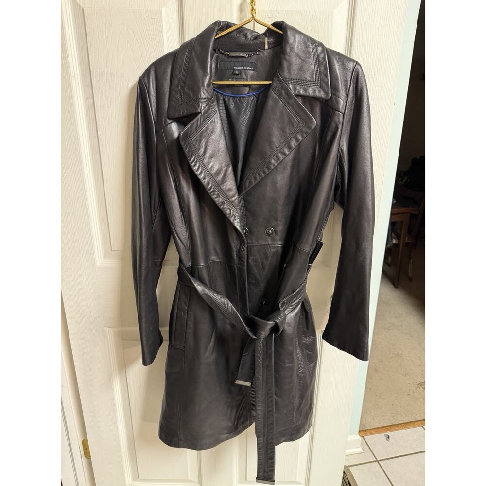 Vtg Wilsons Soft Leather Belted Jacket XL 42 Black Thinsulate Lined Snap Buttons